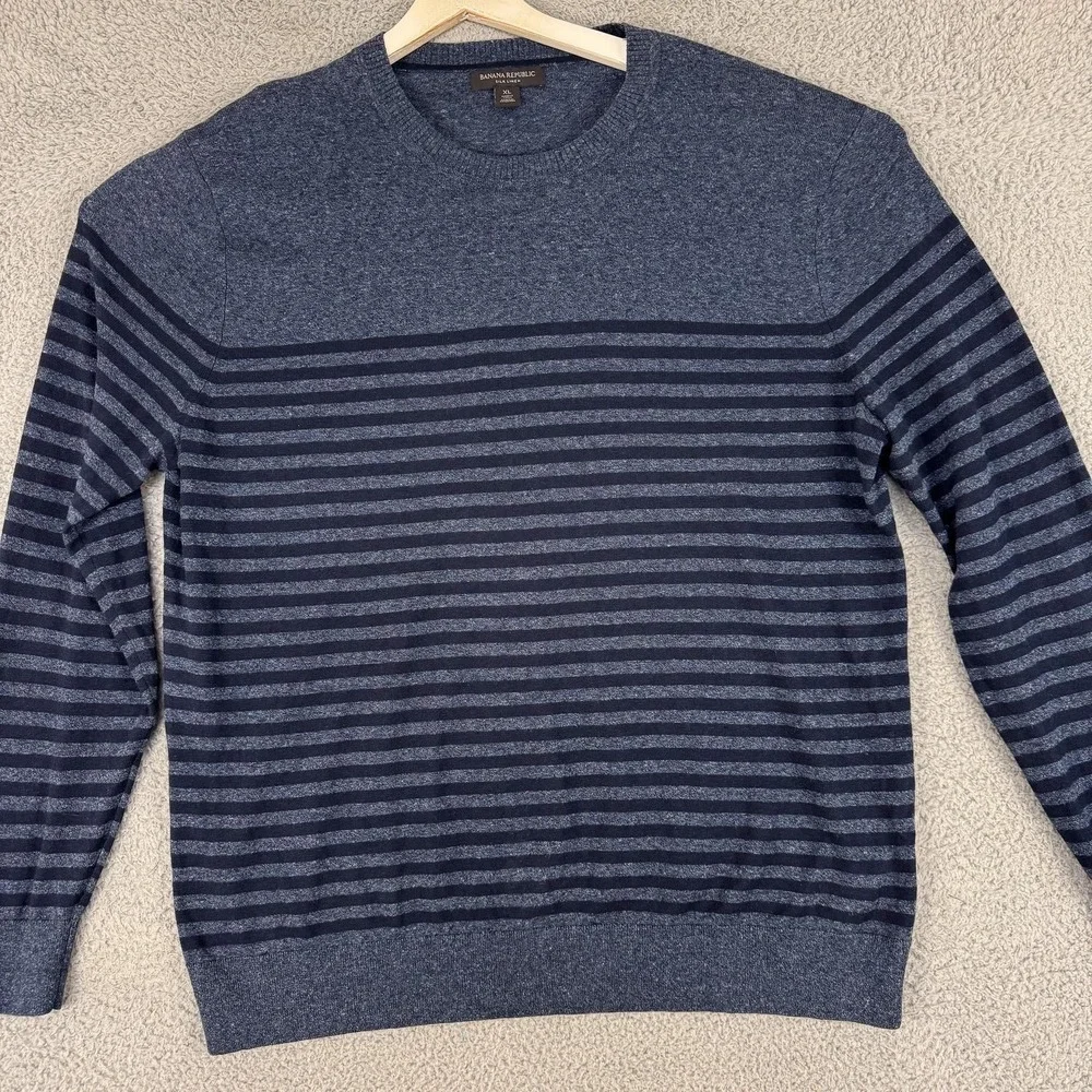 Banana Republic Sweater Mens XL Blue Silk Linen Stripe Crewneck Knit Lightweight